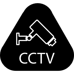 bewakingssymbool met cctv-letters en een videocamera in een afgeronde driehoek icoon
