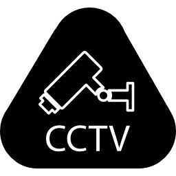 Видеокамера наблюдения с буквами видеонаблюдения внутри закругленного треугольника иконка
