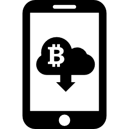 Bitcoin sign on cloud with down arrow download symbol on cellphone screen icon