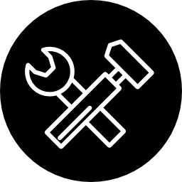 Wrench and hammer tools thin outline symbol inside a circle icon