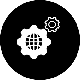 World grid with cogwheels inside a circle icon