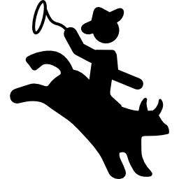 Rodeo silhouette of a mammal with a cowboy riding on him with a rope to catch his neck icon