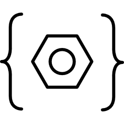 Open and close brackets enclosing a hexagon icon