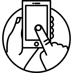telefono touch screen in mani umane all'interno di un cerchio icona
