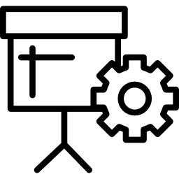 Business presentation with stand and cogwheel icon