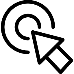 pfeil zeigt auf die mitte eines kreisförmigen knopfes aus zwei konzentrischen kreisen icon