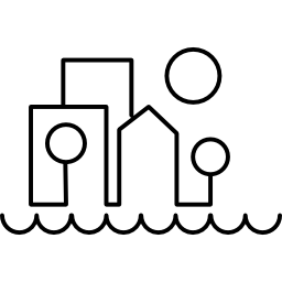 Buildings near the sea made of various shapes icon