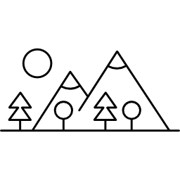 Mountain side with trees made up different shapes icon