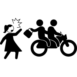 Motorcyclists criminals stealing woman bag icon