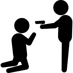 Criminal pointing with a gun to a person on knees icon