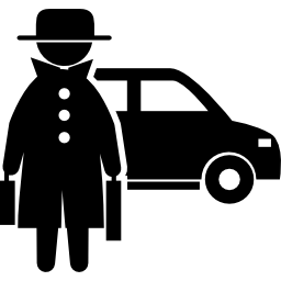 Criminal front standing with two suitcases covered by hat and coat with a car behind icon