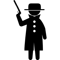 criminal con pistola cubierto con abrigo y sombrero icono