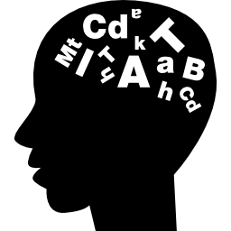 vista lateral de la cabeza masculina calva con letras dentro icono