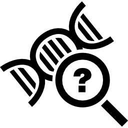 wissenschaftssymbol der dna mit einem lupenwerkzeug mit einem fragezeichen icon