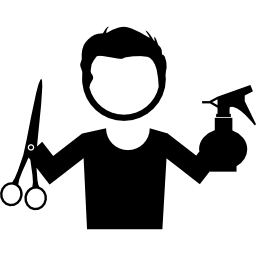 Парикмахер с ножницами и распылителем в руках иконка