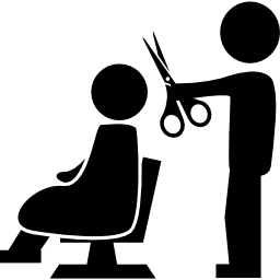 peluquero con tijeras cortando el cabello a un cliente sentado frente a él icono