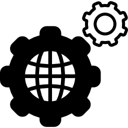 World grid with cogwheels inside a circle icon