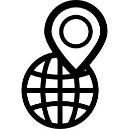 World with a pin symbol in a circle icon