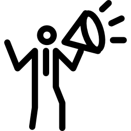 Person with speaker making announcement outline inside a circle icon