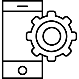 mobiele telefoon met tandrad omtrek binnen een cirkel icoon