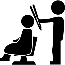 friseur stehend mit einem haarglätter hinter dem kunden, der auf einem stuhl sitzt icon