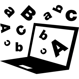 Computer with floating letters signs icon