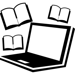 computer en boeken die hulpmiddelen bestuderen icoon