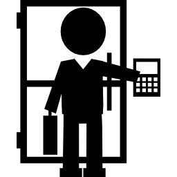 leraar staat met koffer en rekenmachine dicht bij de deur icoon