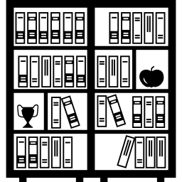 bibliotheek vol boeken, een trofee en een appel icoon