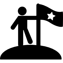 Man standing on planet surface with a flag with one star icon
