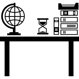 leraar klas desktop met boeken stapel earth globe en zand klok icoon
