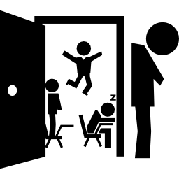 Open class door with student in different attitudes and the teacher tired and resigned out with head down icon