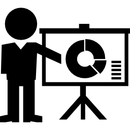 instrutor dando uma palestra com gráfico circular na tela Ícone