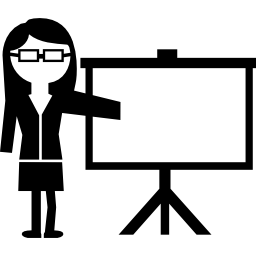instructora dando una conferencia de pie al lado de una pantalla icono
