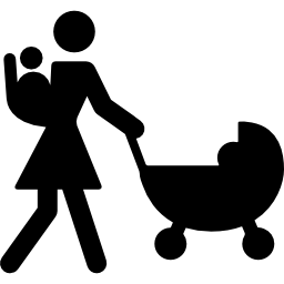 matka spacerująca z dzieckiem na plecach i innymi na wózku ikona