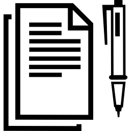 papiervellen met tekstregels en een pen aan de rechterkant van bovenaanzicht icoon