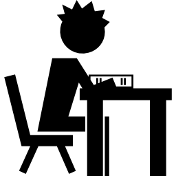 estudiante leyendo un libro educativo sentado en una silla con escritorio desde la vista lateral icono