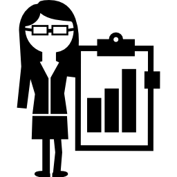 Female professor of economy with bars stocks graphic on clipboard icon