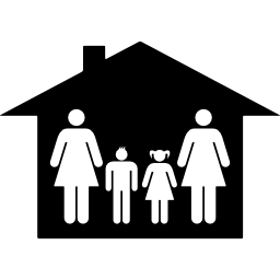 grupo familiar de cuatro personas compuesto por dos mujeres con niños y niñas en una casa icono