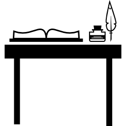 mesa escolar com frasco de tinta de livro aberto e caneta de pena para escrever Ícone