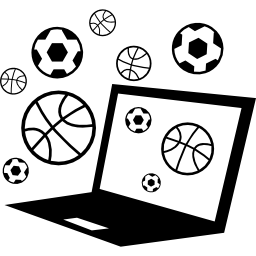computer mit fußball und basketballbällen herum icon