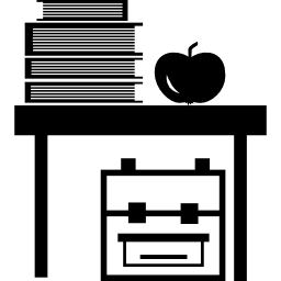 School table with books and an apple and the portfolio of the teacher down icon