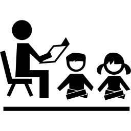 nauczyciel siedzi na krześle czytając dla uczniów dzieci siedzące na podłodze przed nim ikona