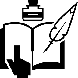 Reading and writing a book with ink and a feather icon