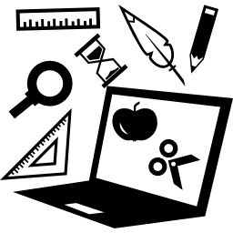 computadora con material escolar icono