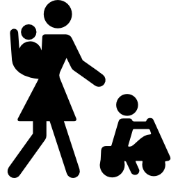Mother with baby on her back and other child on a car icon