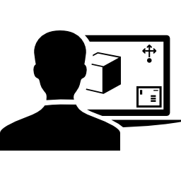 osoba korzystająca z drukarki 3d przy monitorze komputera ikona