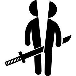 Cutting a person shape in two parts with a sword passing through the middle icon