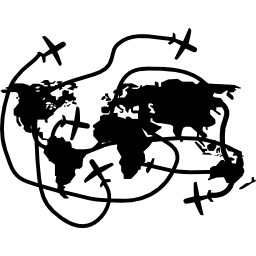 aarde continenten kaart met vliegende vliegtuigen icoon