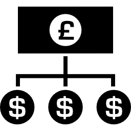 Pounds money bill with down lines to dollars coins icon